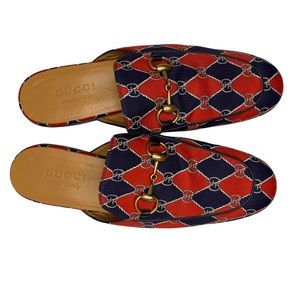GUCCI New Princetown Sandal Slipper Gold Horsebit Blue & Red Mule Loafers